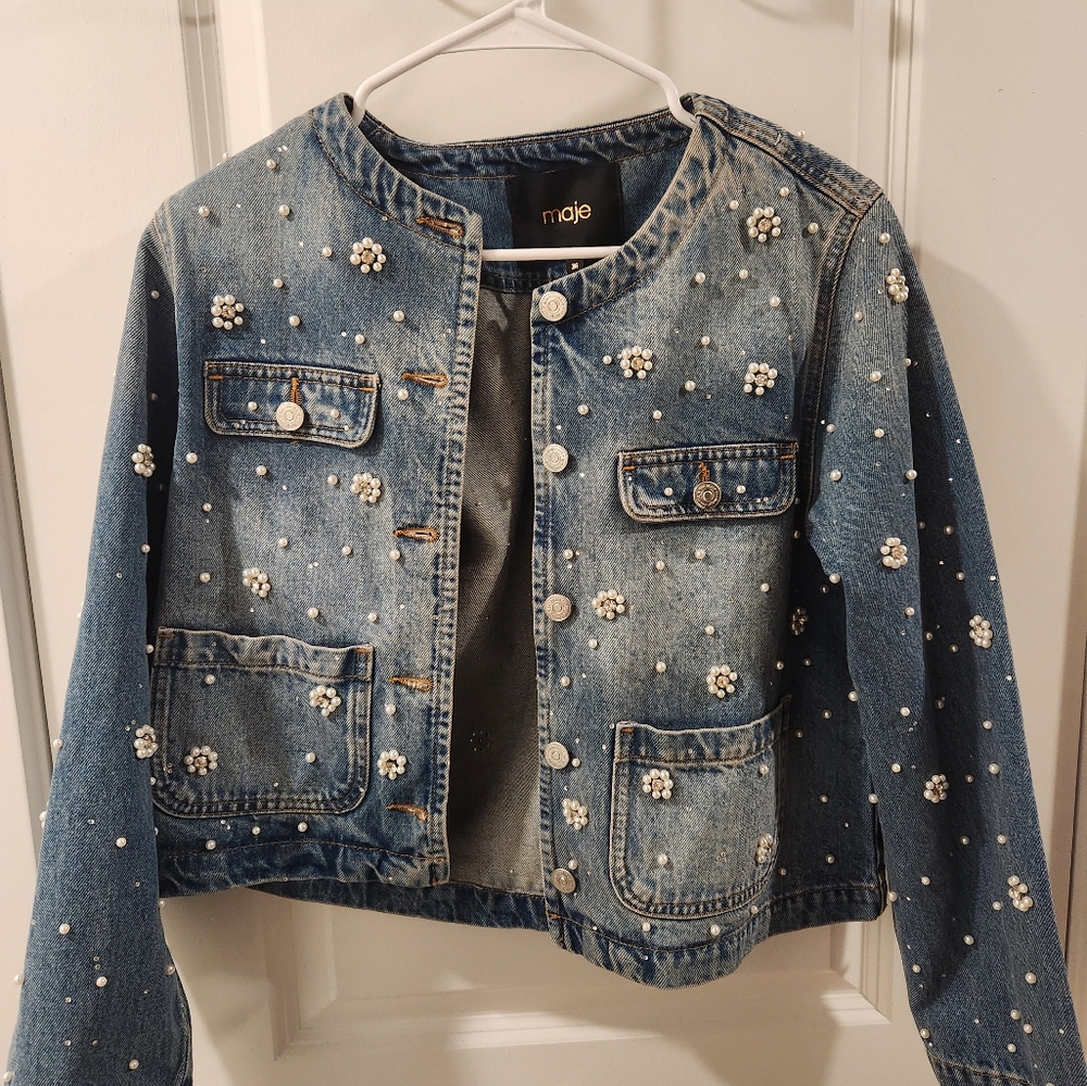 Maje Blue Denim Jacket with Pearl And Crystal Accents